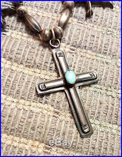 Old Pawn Navajo Sterling Silver Turquoise Handmade Cross Squash Blossom Necklace