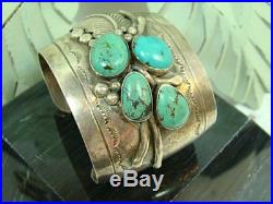 OLD PAWN Native American WIDE Sterling Silver Turquoise Cuff Bracelet Signed T