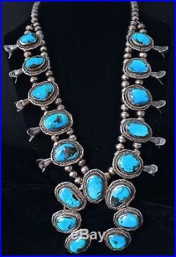 OLD PAWN Navajo STERLING Silver & Turquoise Squash Blossom Necklace with Naja