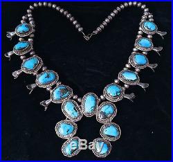 OLD PAWN Navajo STERLING Silver & Turquoise Squash Blossom Necklace with Naja