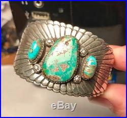 OLD PAWN SANTO DOMINGO STERLING SILVER & ROYSTON TURQUOISE CUFF BRACELET 52.3g