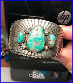 OLD PAWN SANTO DOMINGO STERLING SILVER & ROYSTON TURQUOISE CUFF BRACELET 52.3g