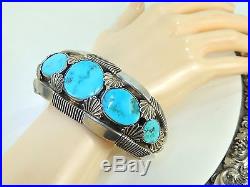 OLD PAWN Signed Sterling Silver Vintage Bracelet Native American TURQUOISE Heavy