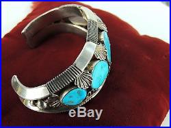 OLD PAWN Signed Sterling Silver Vintage Bracelet Native American TURQUOISE Heavy