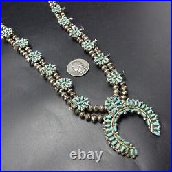 OLD Signed ZUNI Sterling Silver TURQUOISE PETIT POINT Squash Blossom NECKLACE