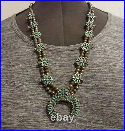 OLD Signed ZUNI Sterling Silver TURQUOISE PETIT POINT Squash Blossom NECKLACE