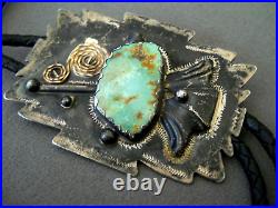 OLD Southwestern Native American Navajo Green Turquoise Sterling Silver Bolo Tie