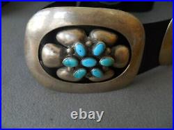 OLD Southwestern Native American Turquoise Cluster Sterling Silver Concho Belt