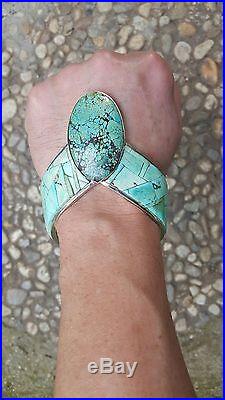 Old Vintage Native American Sterling Silver # 8 Lapidary Turquoise Cuff Bracelet