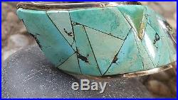 Old Vintage Native American Sterling Silver # 8 Lapidary Turquoise Cuff Bracelet