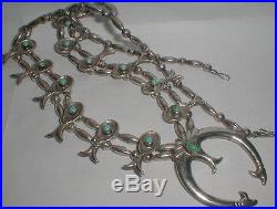 OLD VINTAGE NAVAJO HEAVY STERLING SILVER TURQUOISE SQUASH BLOSSOM NECKLACE 105g