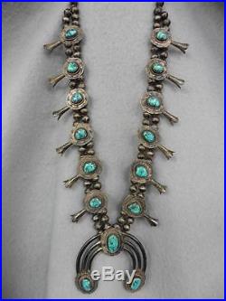 OLD Vintage NAVAJO Sterling Silver MORENCI Turquoise SQUASH BLOSSOM Necklace