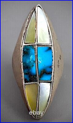 OLD Vintage Navajo Native American Sterling Silver Turquoise Inlay Ring HEAVY