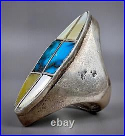 OLD Vintage Navajo Native American Sterling Silver Turquoise Inlay Ring HEAVY