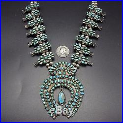 Old 1930s ZUNI Sterling Silver & TURQUOISE Petit Point SQUASH BLOSSOM Necklace