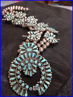 Old 1940s ZUNI Sterling Silver & TURQUOISE Petit Point SQUASH BLOSSOM Necklace