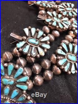 Old 1940s ZUNI Sterling Silver & TURQUOISE Petit Point SQUASH BLOSSOM Necklace