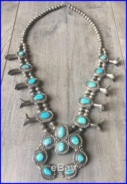 Old (5.45 Oz.) 24.5 Navajo Turquoise & Sterling Silver Squash Blossom Necklace