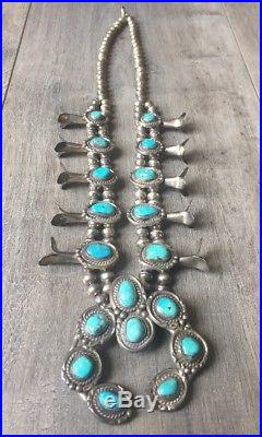 Old (5.45 Oz.) 24.5 Navajo Turquoise & Sterling Silver Squash Blossom Necklace