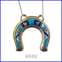 Old Carlisle Jewelry Sterling Silver Inlayed MOP Turquoise Lapis Pendant w Chain