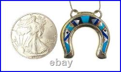 Old Carlisle Jewelry Sterling Silver Inlayed MOP Turquoise Lapis Pendant w Chain