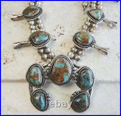 Old NAVAJO 28 Squash Blossom Necklace ROYSTON TURQUOISE Sterling Silver 158gram