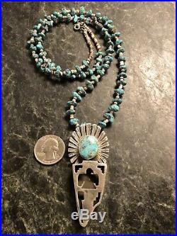 Old Native American JT Sterling Silver Turquoise Kachina Pendant Heishi Necklace