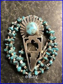 Old Native American JT Sterling Silver Turquoise Kachina Pendant Heishi Necklace