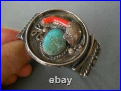 Old Native American Navajo Green Turquoise Branch Coral Sterling Silver Bracelet
