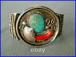 Old Native American Navajo Green Turquoise Branch Coral Sterling Silver Bracelet