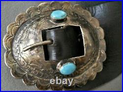 Old Native American Navajo Turquoise Sterling Silver Stamped Domed Concho Belt