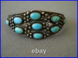 Old Native American Turquoise Cluster Sterling Silver Stamped Cuff Bracelet
