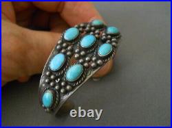 Old Native American Turquoise Cluster Sterling Silver Stamped Cuff Bracelet