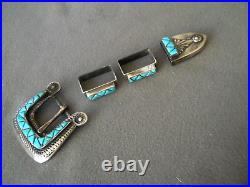 Old Native American Turquoise Inlay Sterling Silver Belt Buckle Ranger Set