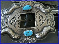 Old Native American Turquoise Sterling Silver Repousse Stamped Concho Belt