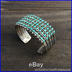 Old Native American Zuni Sterling Silver Snake Eye Turquoise 5 Row Cuff Bracelet