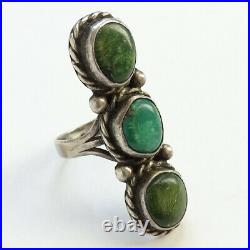 Old Navajo Fred Harvey Era Green Turquoise Triple Stone Ring Signed H Size 8
