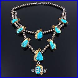 Old Navajo Handmade Gold Filled Sterling Silver Applique & Turquoise Necklace