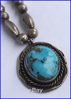 Old Navajo Sterling Silver Bench Bead Bisbee Turquoise Squash Blossom Necklace