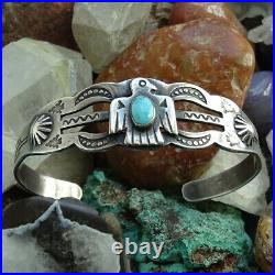 Old Navajo Turquoise Thunderbird Sterling Silver Cuff Bracelet Fred Harvey Era