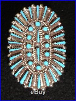 Old Ornate Zuni Sterling Silver Turquoise Ring Sz-9.5 Native American Dead Pawn