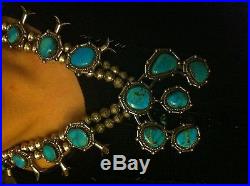 Old Pawn High Grade Royston Turquoise Squash Blossom&Sterling Silver Necklace