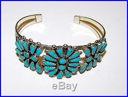 Old Pawn Native American Navajo Sterling Silver Cluster Turquoise Cuff Bracelet