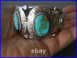 Old Pawn Native American Royston Turquoise 3-Stone Sterling Silver Cuff Bracelet
