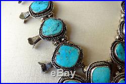 Old Pawn Native American Sterling Silver &Blue Turquoise Squash Blossom Necklace