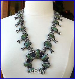 Old Pawn Native American Sterling Silver Squash Blossom Necklace Green Turquoise