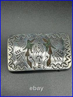 Old Pawn Native American Sterling Silver Turquoise Coral Thunderbird Belt Buckle