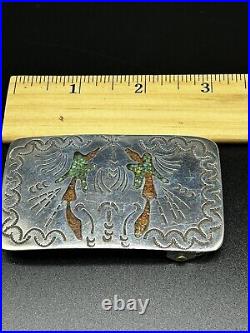 Old Pawn Native American Sterling Silver Turquoise Coral Thunderbird Belt Buckle