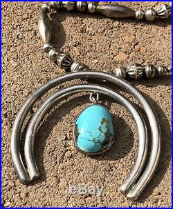Old Pawn Native American Sterling Silver Turquoise Squash Blossom Naja Necklace