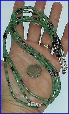 Old Pawn Navajo 3 Strand Kingman Turquoise & Sterling Silver Heishi Necklace24